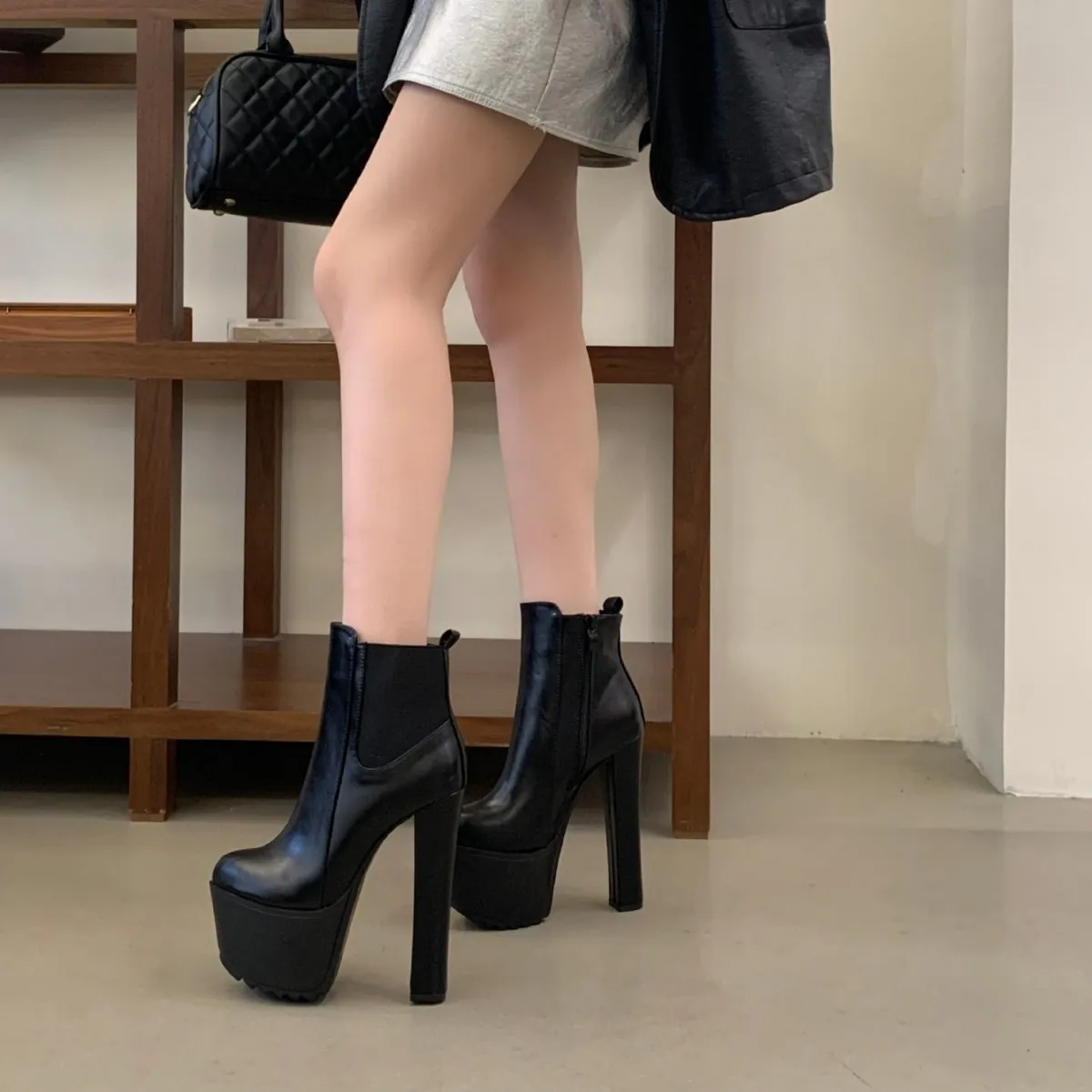 Women Super High Heel Waterproof Platform Ankle Boots Black Chunky Heel Chelsea Boots For Stage Performance Model Show Shoes