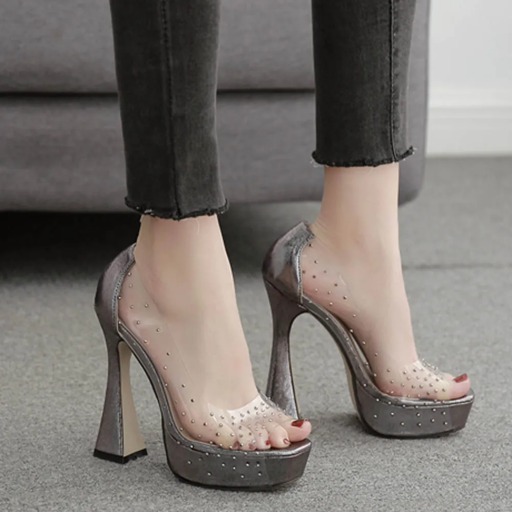 Vrouwen Sexy Transparante Strass Plateau Open Teen Hoge Hakken Wijnglas Hak Banket Trouwschoenen Goud Zilver Metallic PVC Sandalen