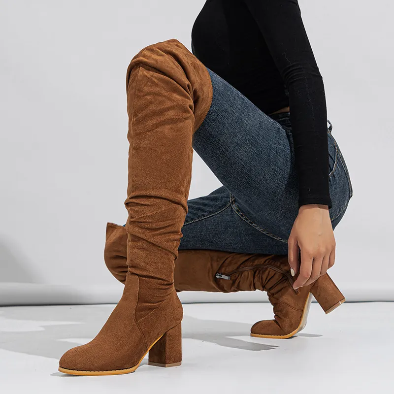 Women Over The Knee Suede PU Boots Chunky High Heel Slouchy Thigh High Fashion Boots With Side Zipper Autumn Winter Round Toe