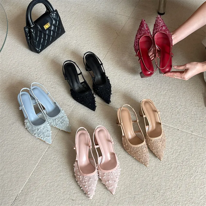 Sandalias de Tacón Grueso Elegantes de Encaje Estilo Francés para Mujer con Decoración de Perlas Artificiales