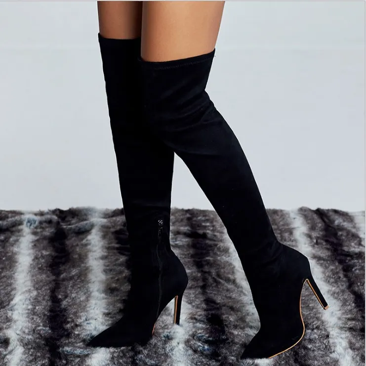 Women Over-the-Knee Boots Stiletto High Heel Pointed Toe Stretch Faux Suede Thigh High Boots Side Zipper Dress Party Shoes
