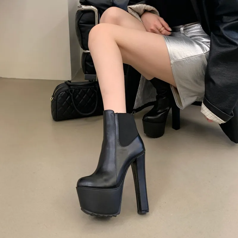 Women Black Platform Ankle Boots Chunky Block Ultra High Heel Chelsea Style Fashion Party Stage Performance Sexy Thick Sole Dress Shoes