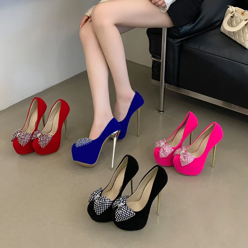 Super High Stiletto Heel Platform Pumps For Women Rhinestone Bow Party Shoes Nightclub Runway High Heels Dress Pumps Shoes