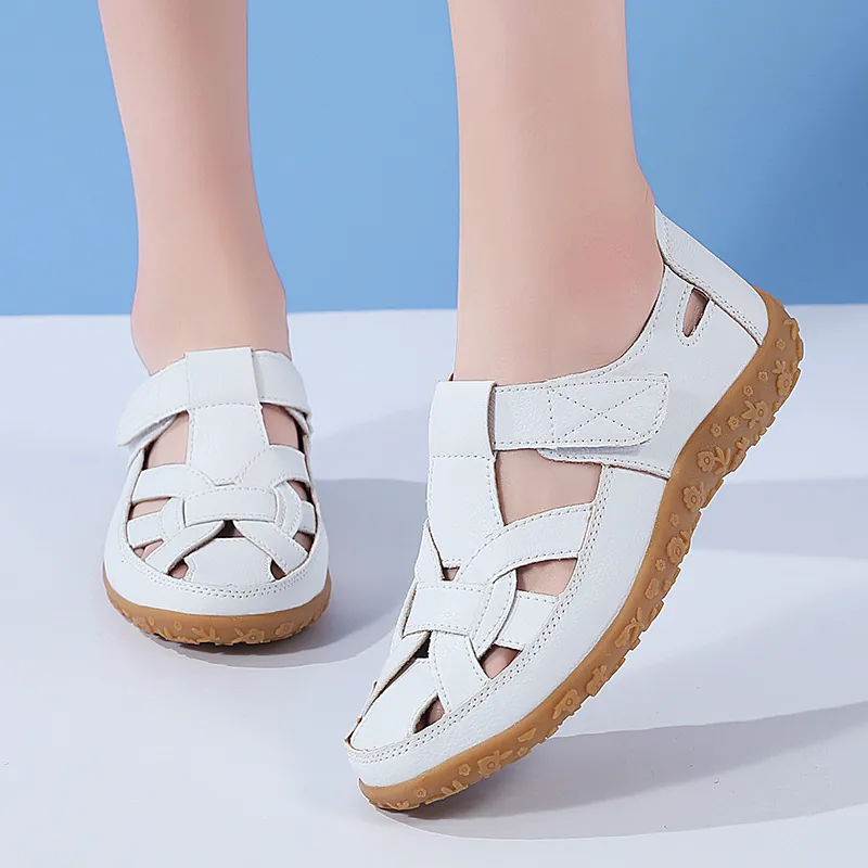Damen Hohl Flache Sandalen Sommer Strand Atmungsaktive Freizeitschuhe Kunstleder Klettverschluss Sandalen Täglich Ausflugsschuhe