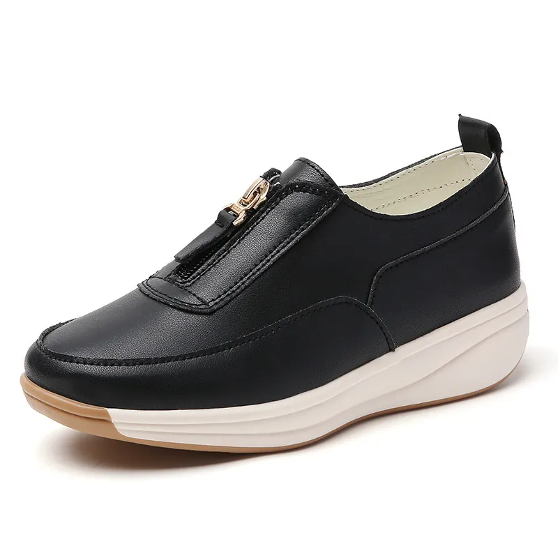 Damen Casual Plateau Loafer PU Leder Slip-On Schuhe Mit Metallreißverschluss Höhenvergrößerung Rutschfest Walking Schuhe