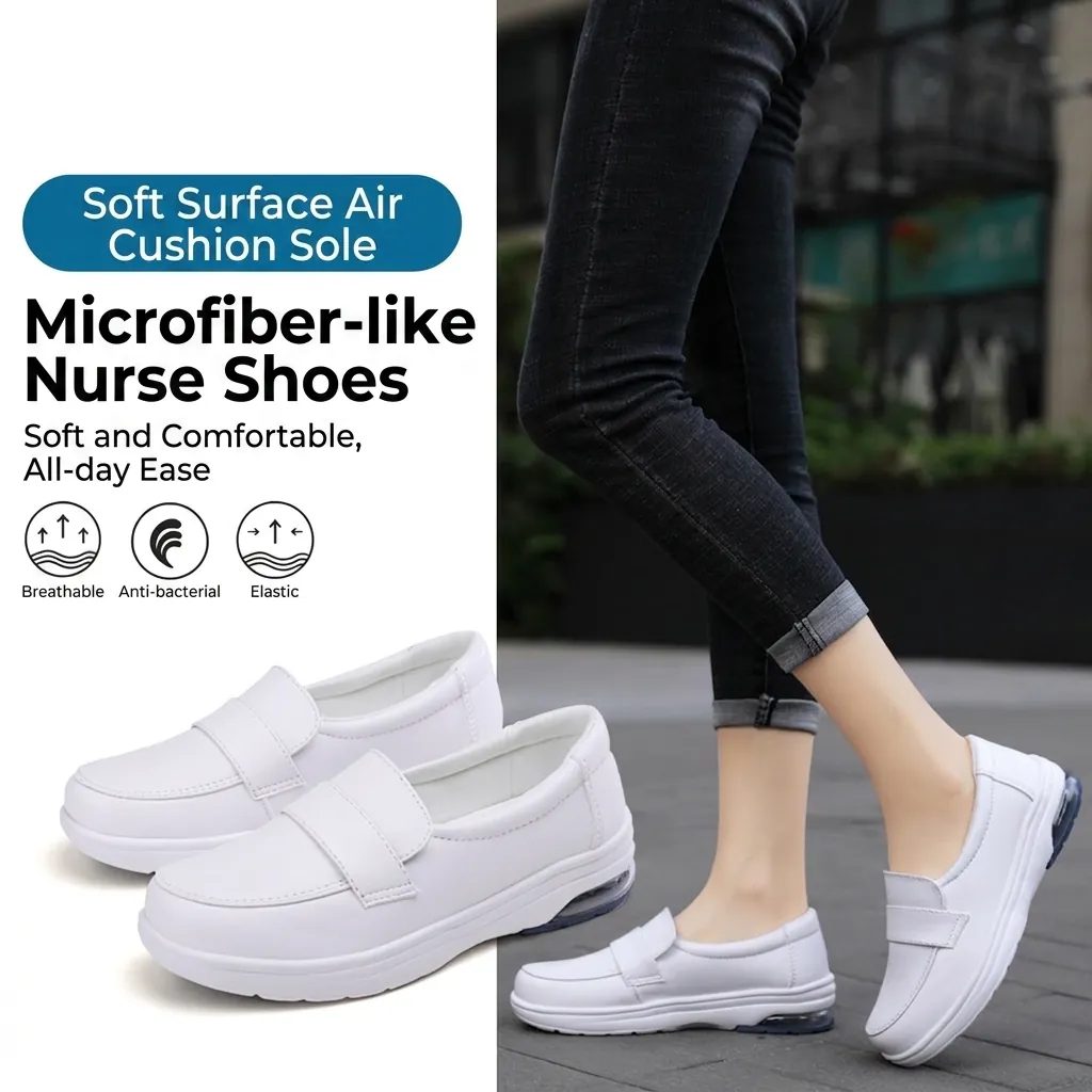 Women's Comfortable Air Cushion Nurse Shoes Microfiber Synthetic Leather Non-slip Slip-on Loafers For Hospital Work Office Casual Flats
