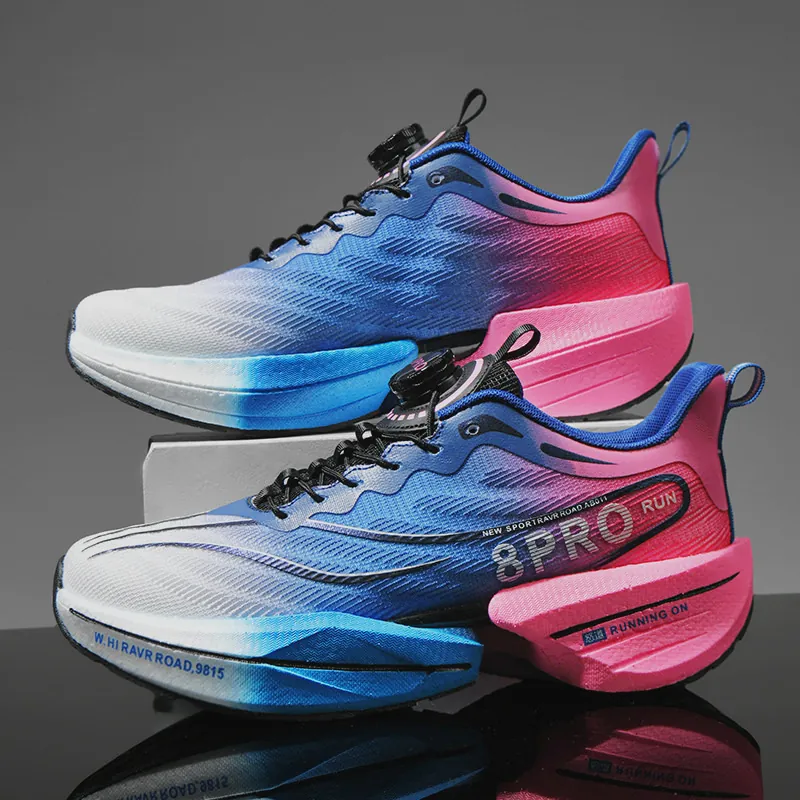 Unisex Rotary Buckle Running Shoes Breathable Flyknit Mesh Casual Sport Sneakers Gradient Thick Sole Height Increasing Road Walking Shoes