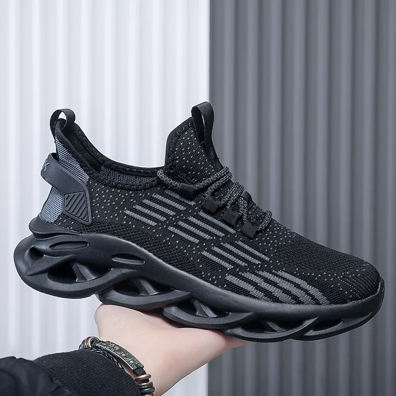 Men Large Size Running Shoes Flyknit Breathable Hollow Blade Sole Sneakers Rebound Shock Absorption Fitness Gym Shoes For Men