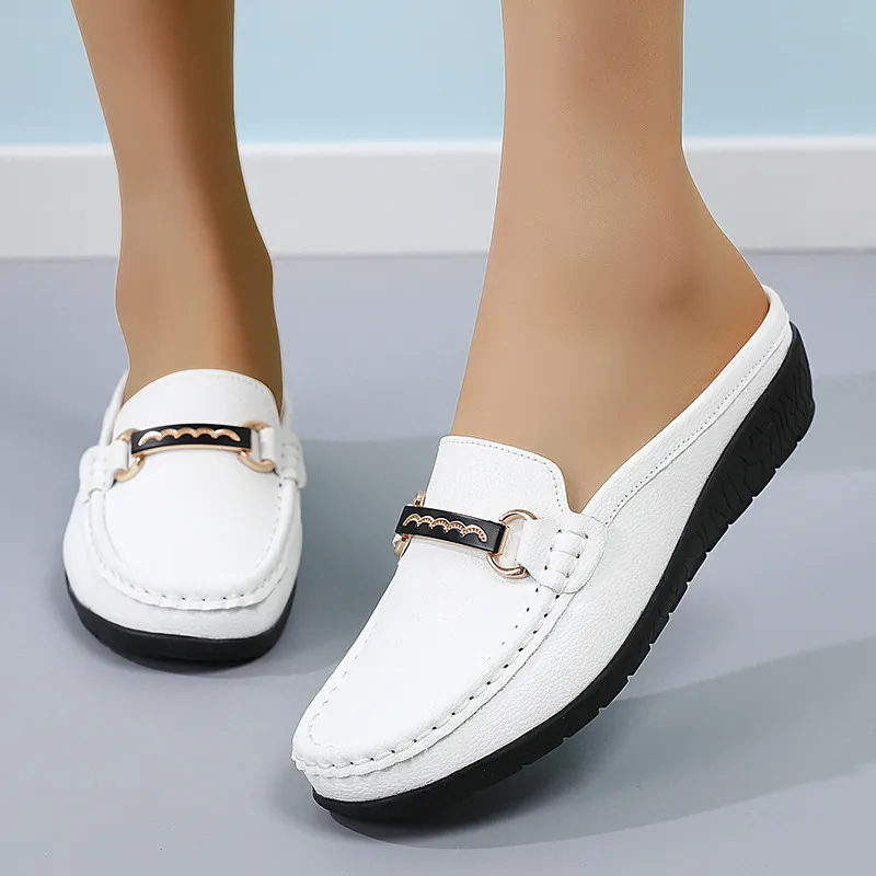 Damen Komfort PU Leder Loafer Mules Keilabsatz Slip On Schuhe Metallschnalle Leicht Rutschfest Lässige Wanderschuhe