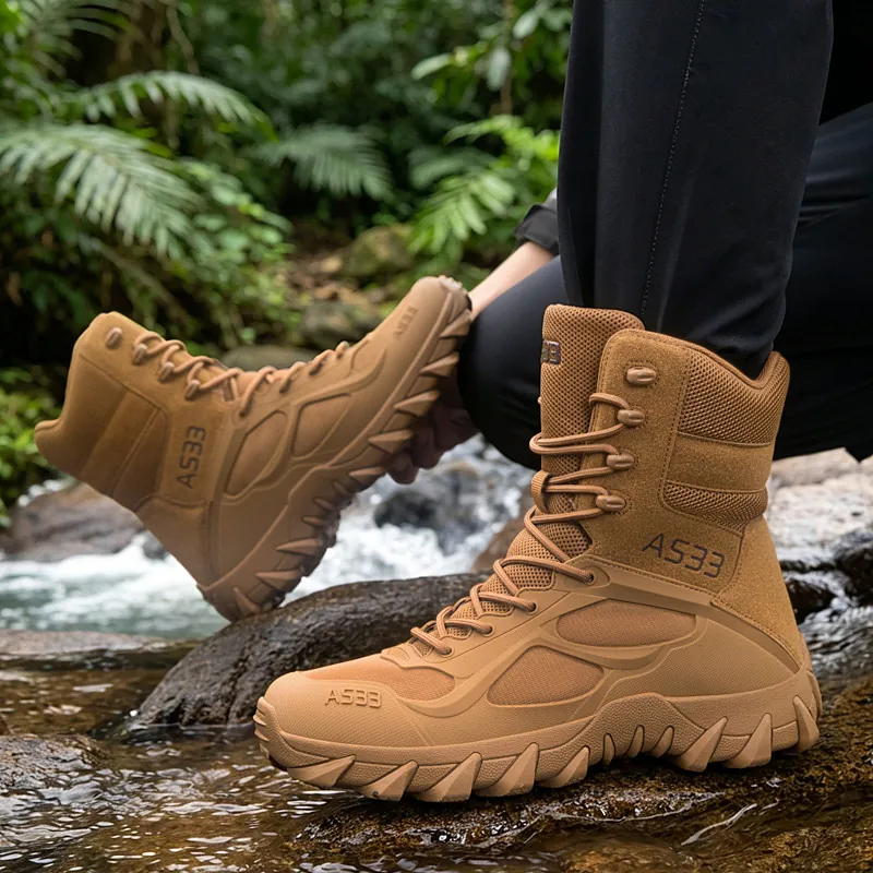 Men High Top Tactical Boots Suede TPU Mesh Breathable Outdoor Hiking Military Combat Boots Wear Resistant Anti Slip Rubber Sole