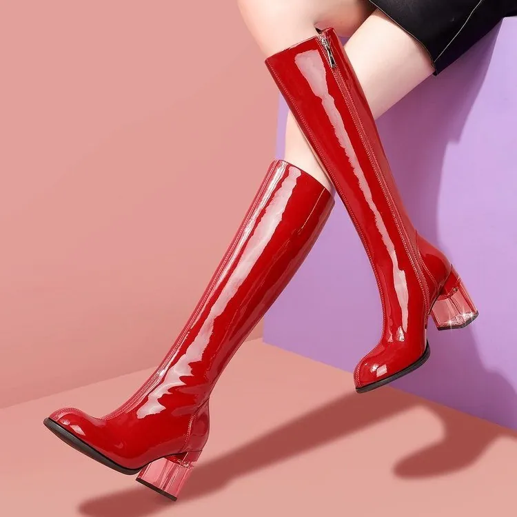 Women's Patent Leather Knight Boots Glossy Red Black Knee High Boots Transparent Chunky Heel Side Zipper Exquisite Long Boots
