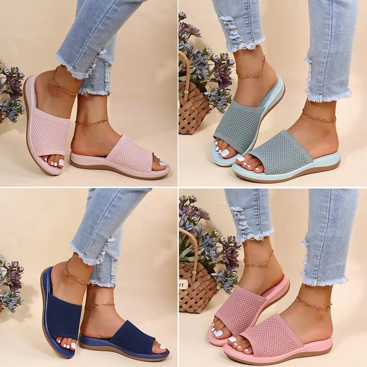 Women's Summer Knit Satin Platform Slippers Breathable Flat Slide Sandals Beach Casual Daily Wear Solid Color Shoes Plus Size