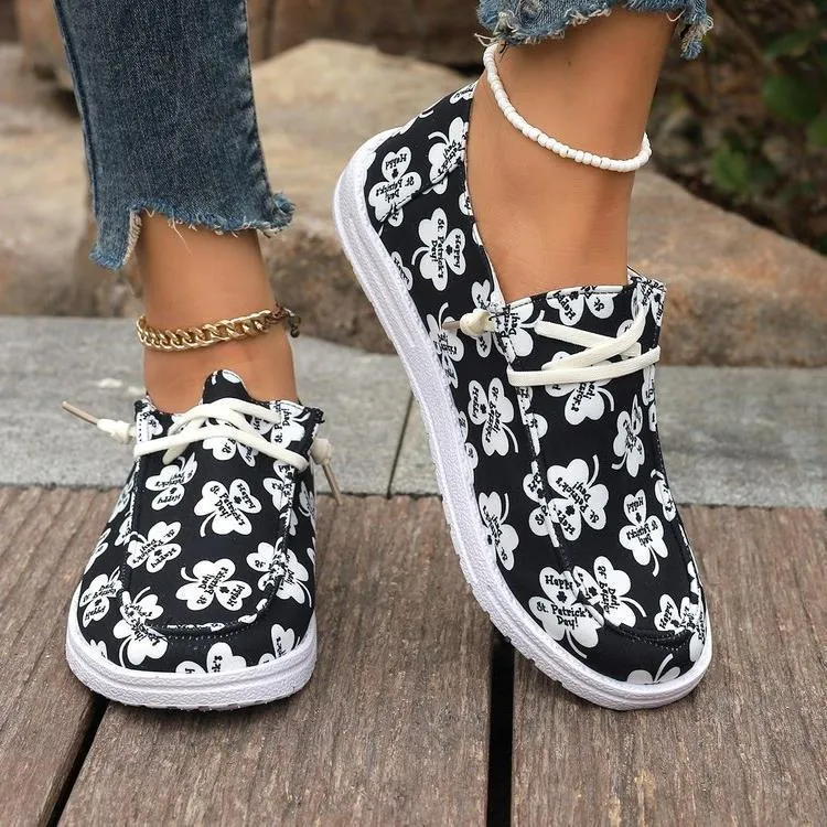 Women's St. Patrick's Day Clover Print Canvas Shoes Casual Slip-on Sneakers Round Toe Korean Fashion Large Size Flat Loafers