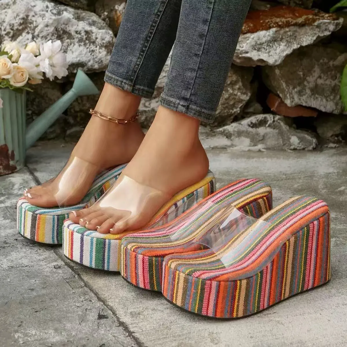 Mules Compensées à Plateforme pour Femmes Imprimé Léopard Sangle PVC Transparente Sandales de Plage d'Été à Talons Hauts Bout Ouvert