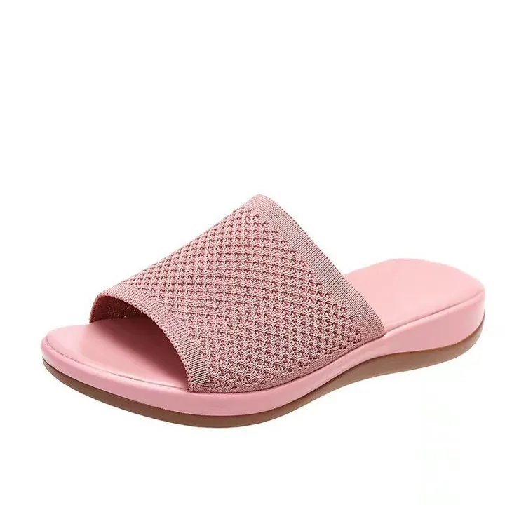 Women's Casual Flat Slippers Summer Flyknit Slides Breathable Plain One-Piece Woven Shoes Beach Outdoor House Sandals