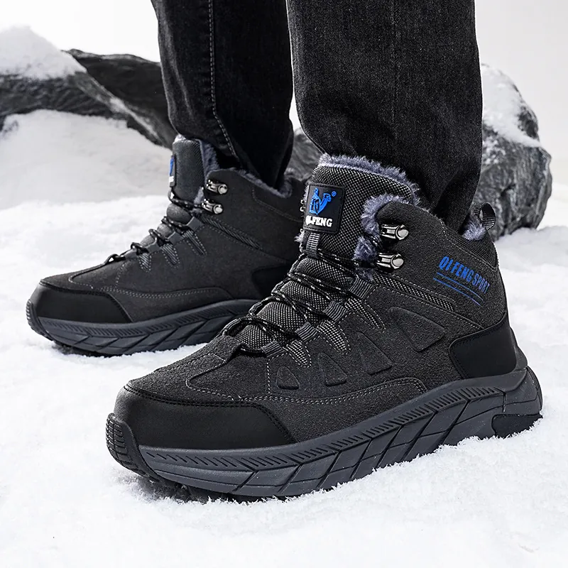 Professional Men's Mid-Top Hiking Shoes Outdoor Non-slip Camping Training Boots Cowhide Microfiber Warm Fleece Sneakers