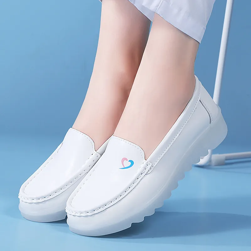 Women's Nursing Shoes Soft Sole Breathable Medical Work Shoes Thick Bottom Anti-slip Cowhide Leather Heart Embroidery White Shoes