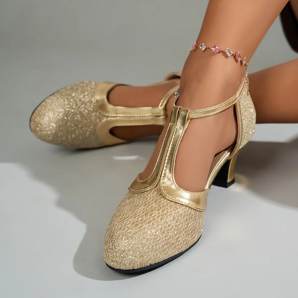 Scarpe da Ballo Latino da Donna Glitter Cinturino a T con Tacco Scarpe da Ballo in Pelle Sintetica per Feste e Spettacoli