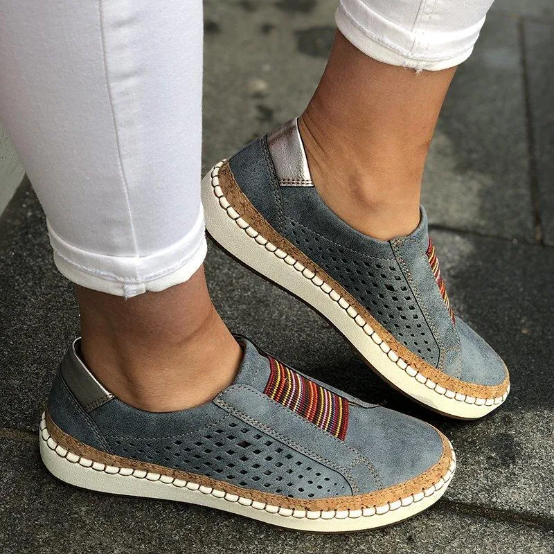 Damen Casual Hohl Geschnitten Slipper Atmungsaktiv Laser Cut Flache Schuhe Buntes Gurtband Bequem Slip On Schuhe Große Größen