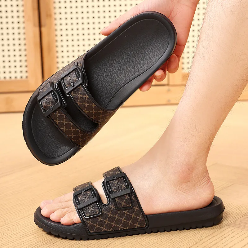 Men's Casual Summer Slides Sandals Double Buckle Strap EVA Soft Sole Non-Slip Beach Shoes Thick Platform Outdoor Indoor House Slippers