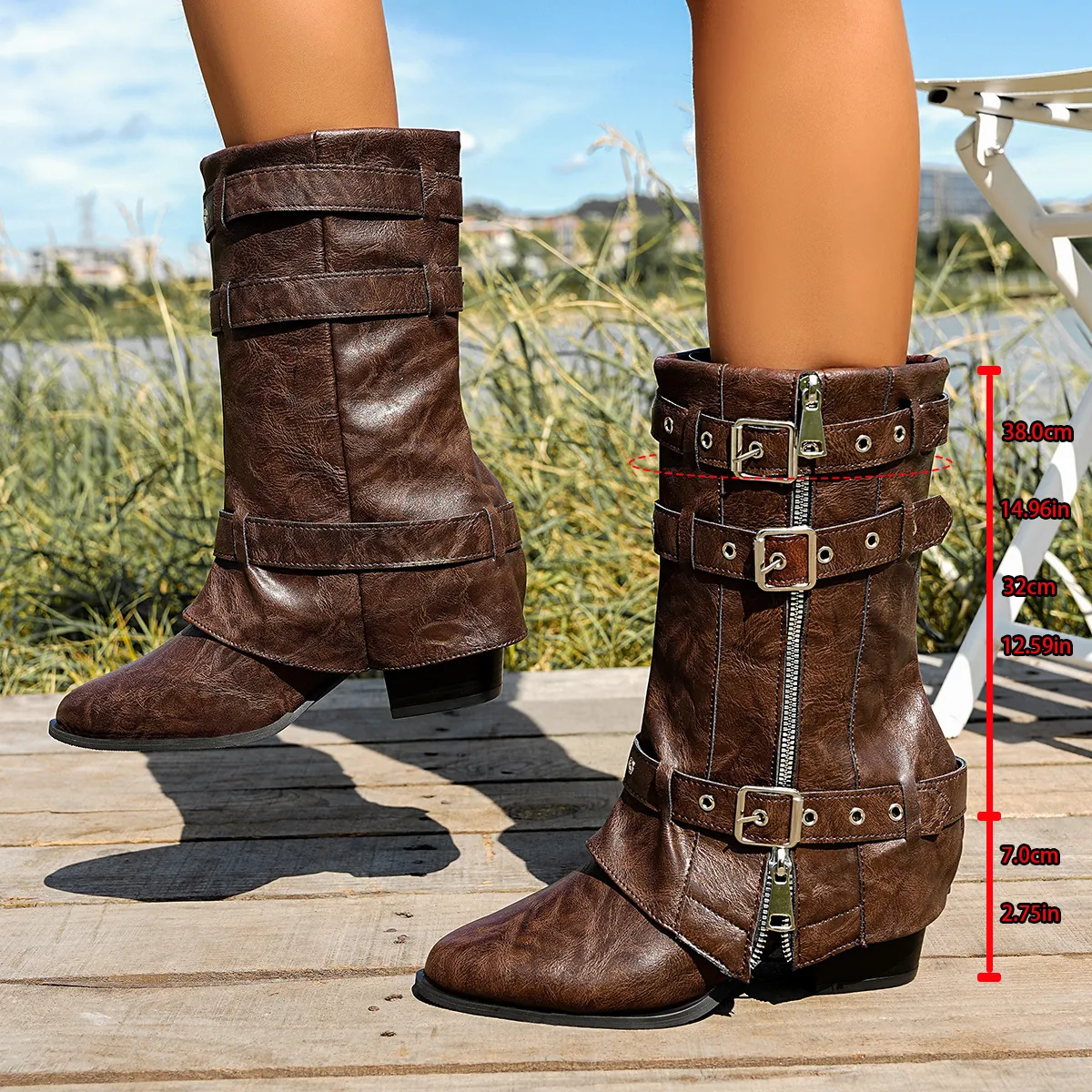 Women Mid-Calf Knight Boots Sheepskin Western Gaiter Boots With Belt Buckle Pointed Toe Chunky Heel Cowboy Boots