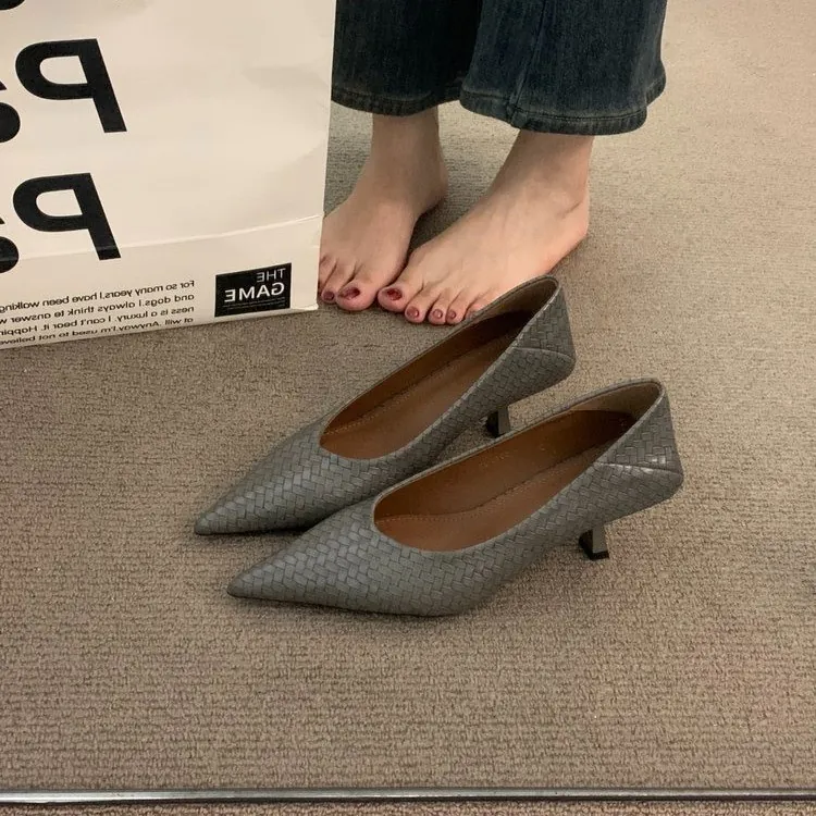 Zapatos de Tacón de Aguja con Punta para Mujer Vintage Francés Textura Tejida Piel de Oveja Tacones Altos Elegantes Zapatos de Oficina