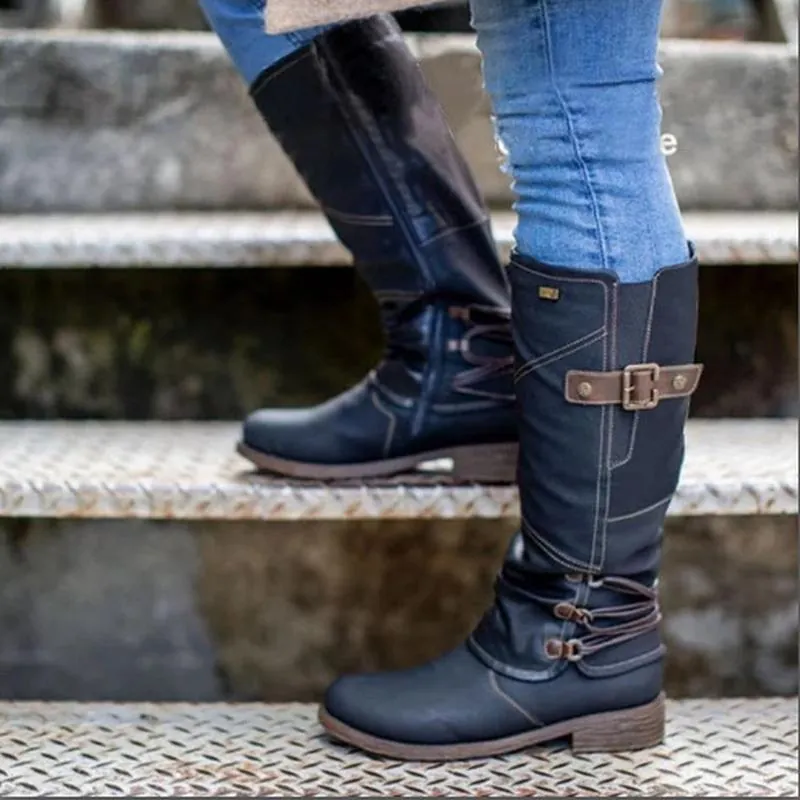 Women Retro Faux Leather Knee High Boots Square Heel Side Zipper Solid Color Warm Waterproof Knight Riding Boots Women Footwear