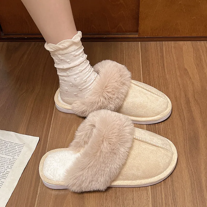 Women's Fuzzy Faux Suede Mules Fleece Lined Platform Slippers Warm Non-slip Outdoor Indoor Slip-on Fur Trimmed Cotton Shoes