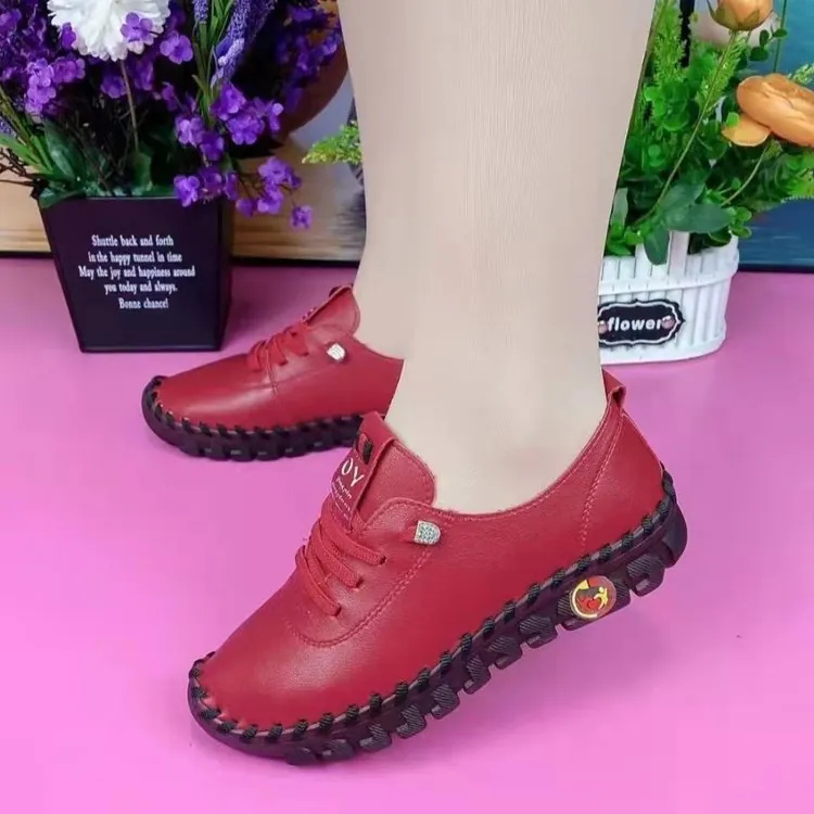 Mocassins Décontractés pour Femmes en Cuir Synthétique Souple Chaussures Plates Confortables Semelle Flexible à Lacets pour Mères