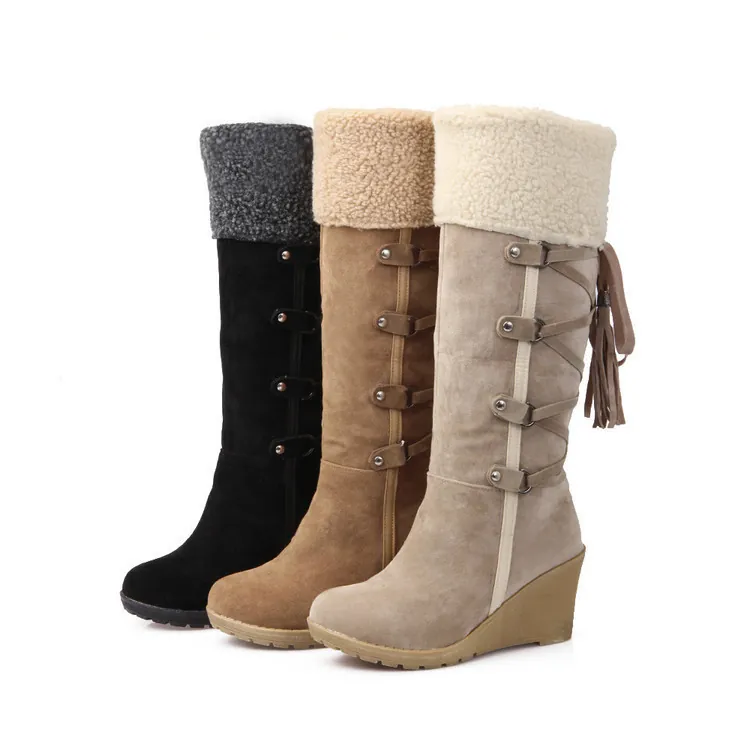 Botas de Nieve Altas para Mujer Tacón de Cuña Botas de Gamuza de Vaca Cordones Traseros Borla Forro de Piel Sintética