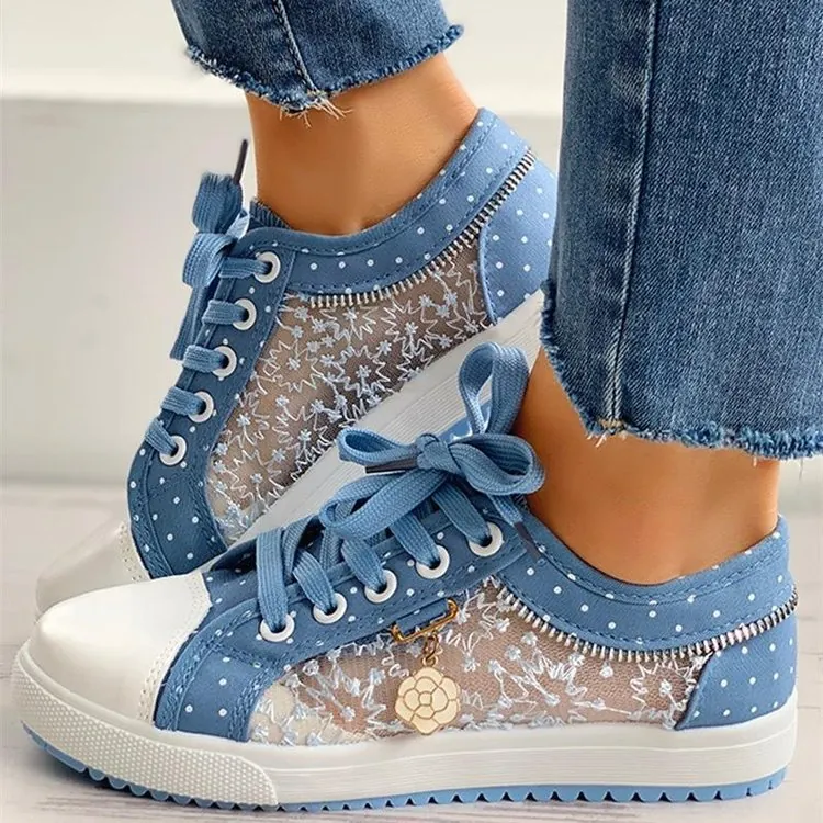 Women's Casual Polka Dot Mesh Floral Cutout Canvas Shoes Breathable Flat Vulcanized Sneakers With Flower Charm Light Blue Dark Blue