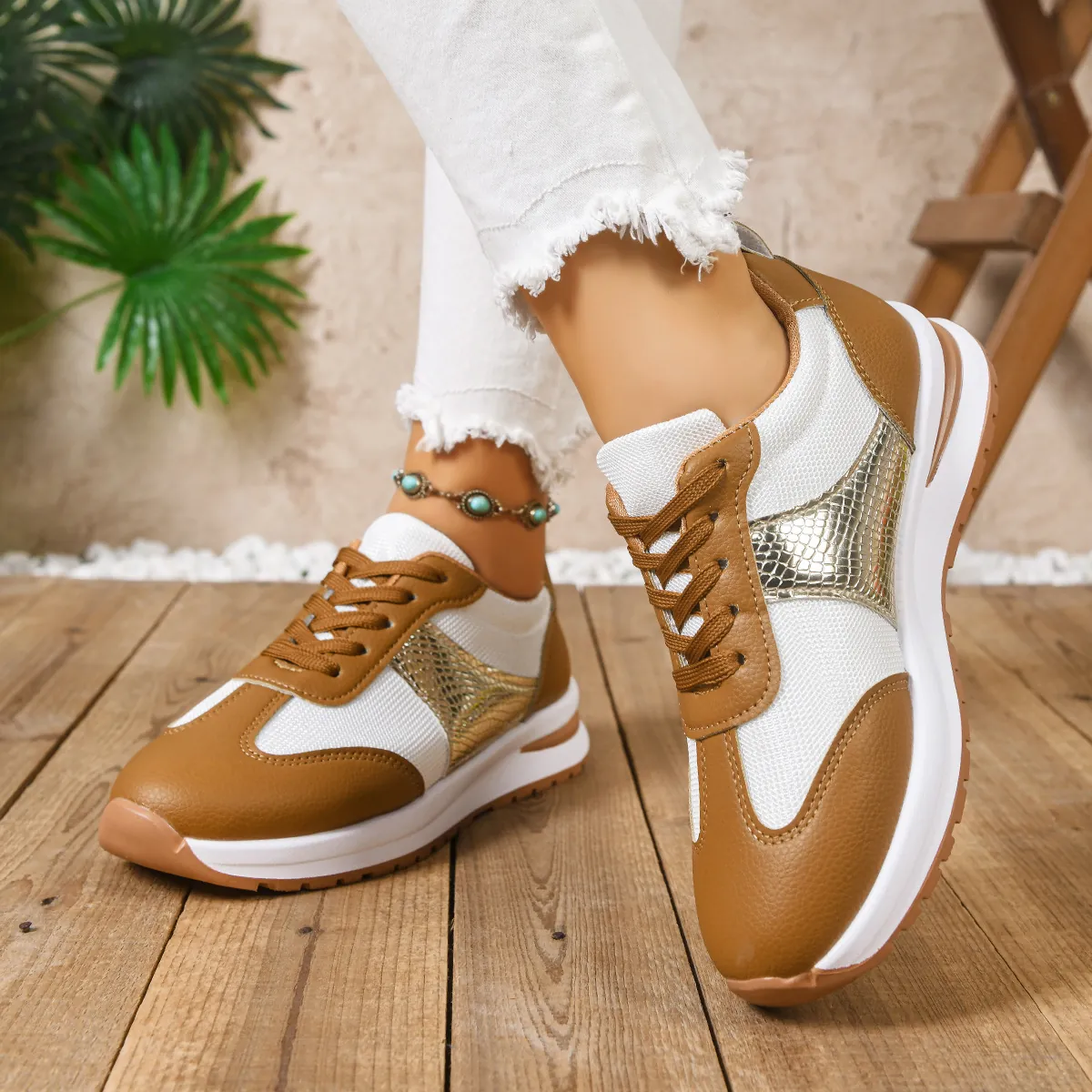 Γυναικεία Μόδα Sneakers με Παχιά Σόλα Χρωματικό Μπλοκ Αθλητικά Παπούτσια Casual με Κορδόνια και Μοτίβο Φιδιού