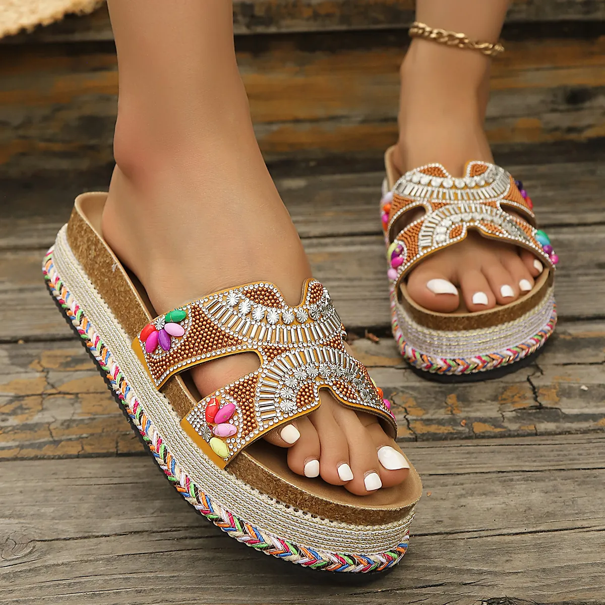 Chanclas de Plataforma con Diamantes de Imitación para Mujer Sandalias de Esparteñas de Corcho Decoración Étnica Zapatos de Playa