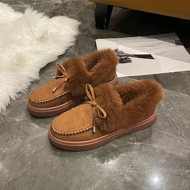 Pantoufles d'Hiver Chaudes pour Femmes Doublées de Fausse Fourrure Nœud Chaussures Peluches Plates Grandes Chaussons pour Femmes