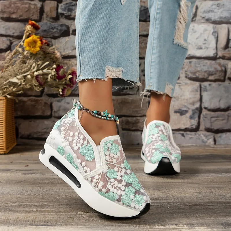 Women's Mesh Embroidered Wedge Platform Sneakers Breathable Height Increasing Slip On Casual Loafers With Rhinestone