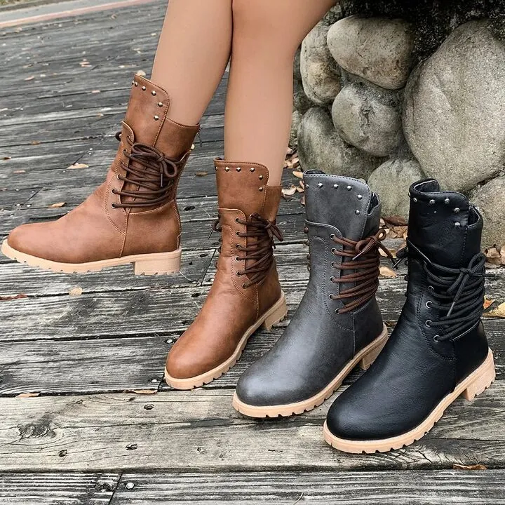 Dames Halverwege de Kuit Ridderlaarzen Britse Stijl Vetersluiting PU-Leer Martin Boots Effen Kleur Klinknagels Winter Schoeisel