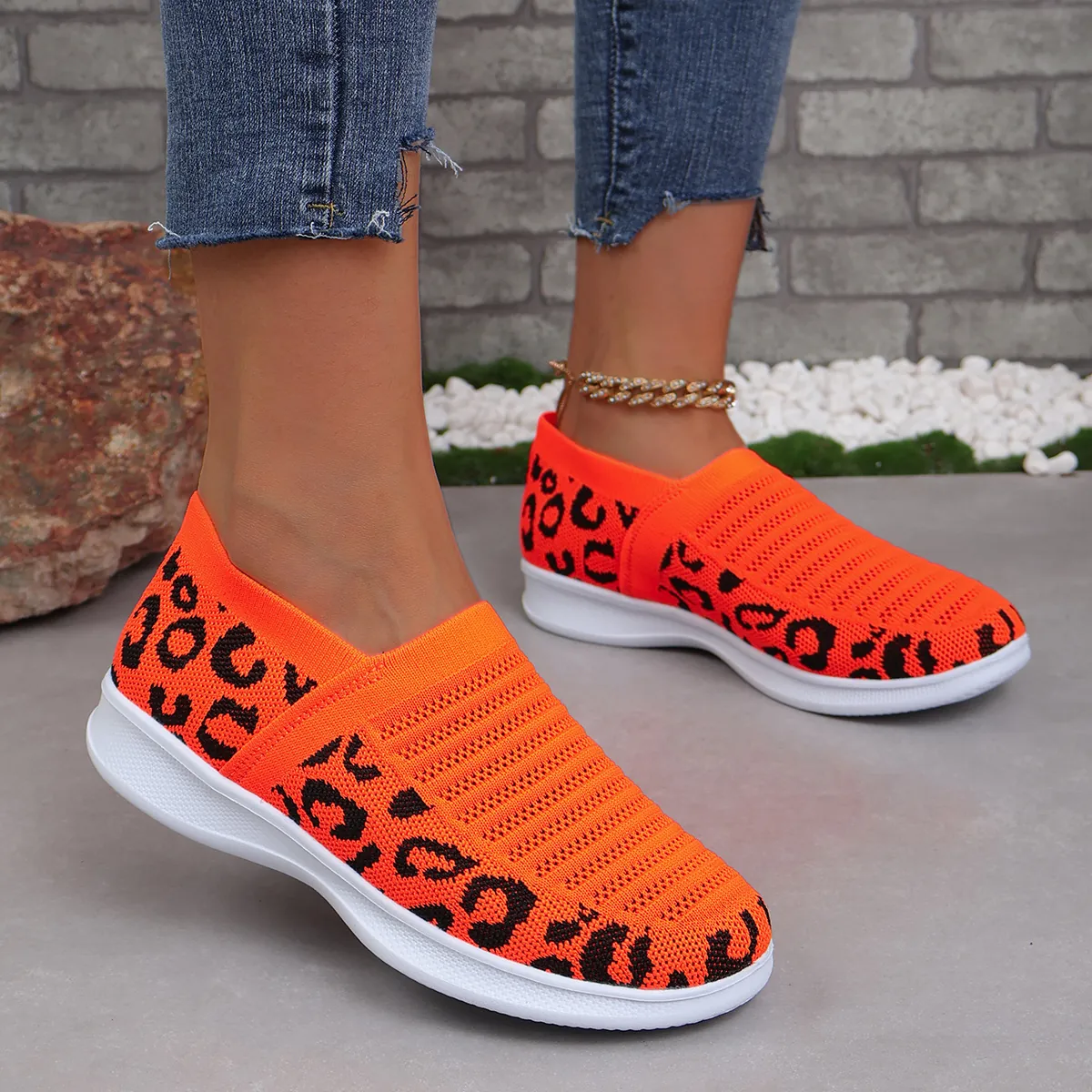 Dames Fashion Luipaardprint Flyknit Sneakers Mesh Ademend Slip-On Casual Platform Schoenen Grote Maten Outdoor Wandelschoenen