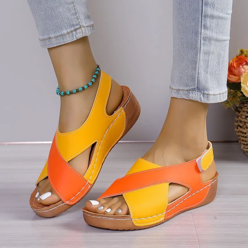 Sandales Compensées à Plateforme pour Femmes Style Romain Chaussures de Plage Couleur Contrastée Fermeture Auto-agrippante Sandales Décontractées