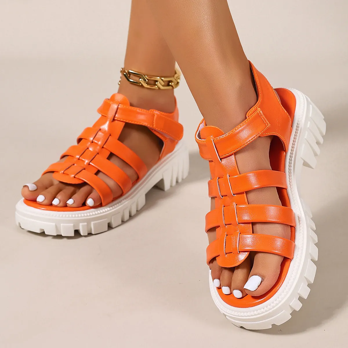 Women Fashion Platform Roman Sandals Faux Leather Open Toe Summer Thick Sole Strappy Casual Gladiator Sandals Stylish Outdoor