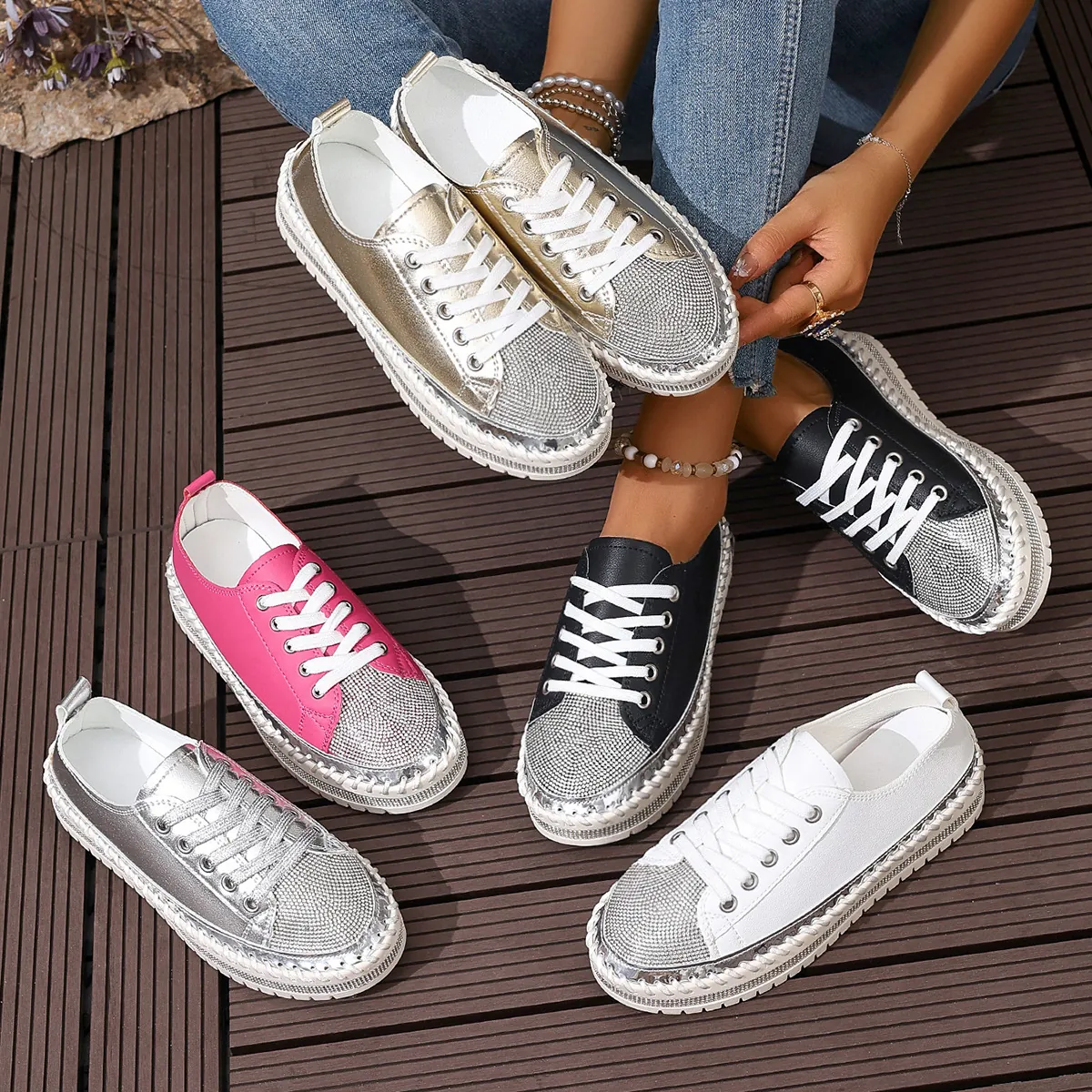 Fashion Women Synthetic Leather Platform Sneakers Rhinestone Decoration Thick Sole Casual Lace-up Shoes Sporty White Shoes
