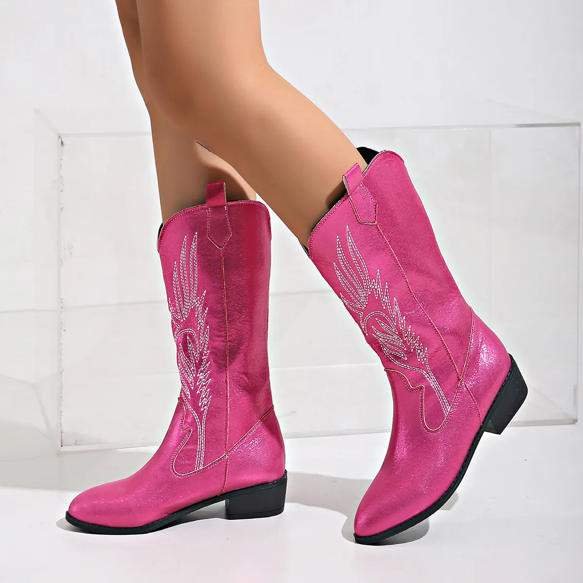 Women Retro Embroidered Western Cowboy Boots Pointed Toe Block Heel Mid-Calf Metallic Glossy Knight Boots For Autumn Winter