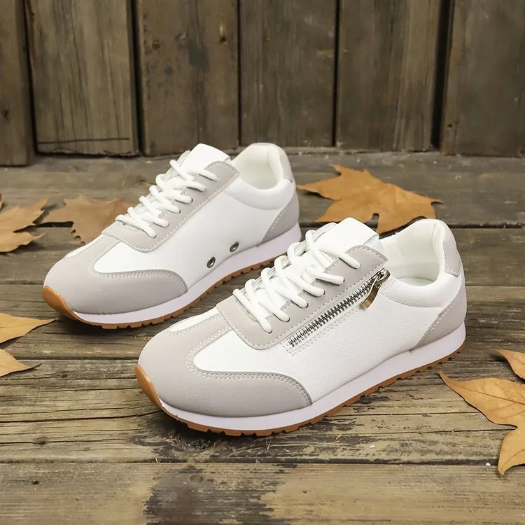 Women Retro German Army Trainers Casual Sneakers Patchwork Leather Sport Shoes With Side Zipper Gum Sole Fashion Lace-up Trainers For Four Seasons