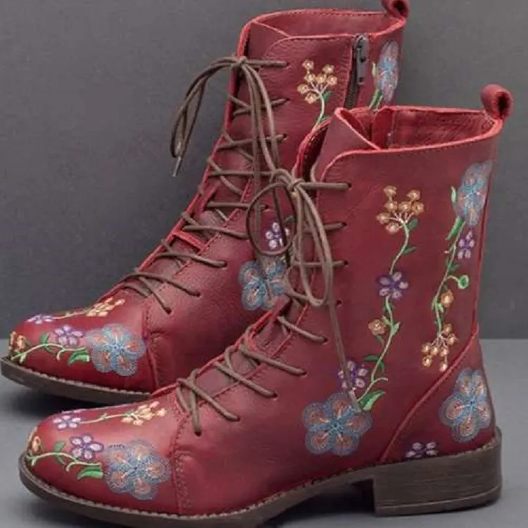 Women Floral Embroidered Mid-Calf Boots British Style Vintage Western Cowboy Knight Boots Thick Heel Side Zipper Lace-Up Rubber Sole Artificial PU Boots