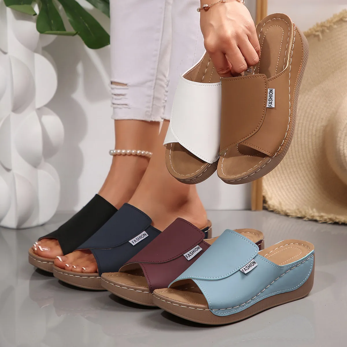 Women Peep Toe Wedge Slippers Platform PU Leather Thick Sole Casual Slide Sandals Outdoor Plus Size Summer Shoes