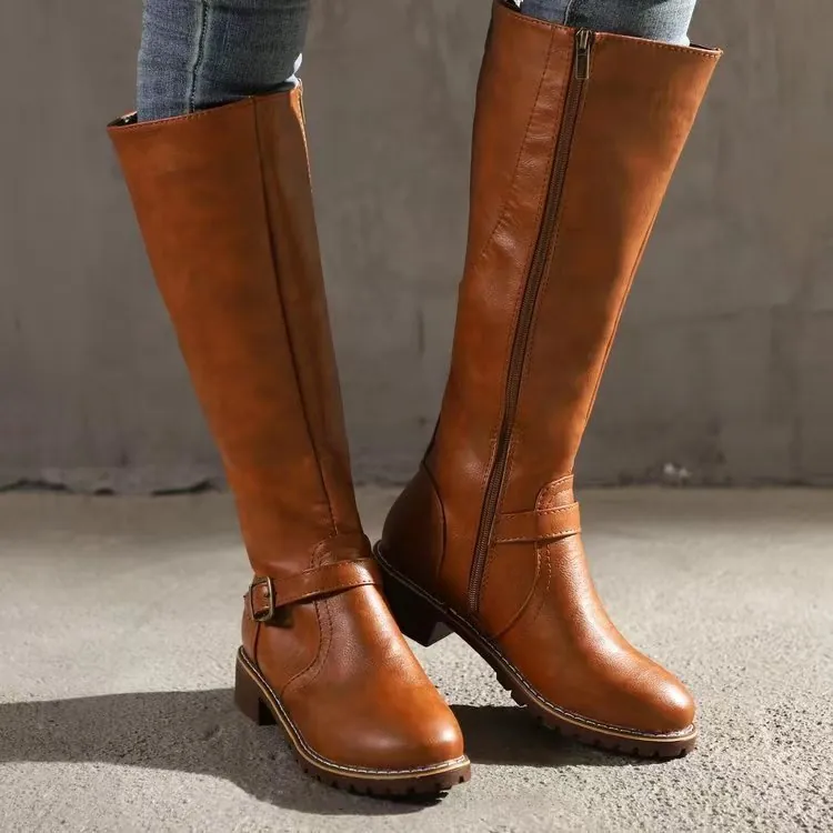 Women's Vintage Knee High Riding Boots PU Leather Belt Buckle Side Zipper Round Toe Low Block Heel Tall Fashion Boots