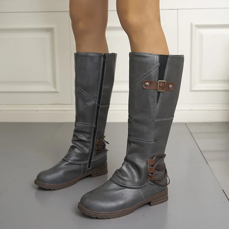 Damen Kniehohe Reitstiefel Mode PU Leder Blockabsatz Martin Stiefel Seitlicher Reißverschluss Schnalle Lange Stiefel Herbst Winter