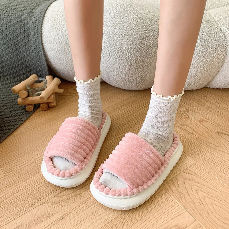 Pantoufles en Peluche Pour Femmes Chaudes Semelle Épaisse Bout Ouvert Chaussures de Maison Rayées Diapositives en Peluche