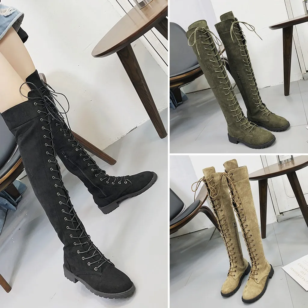 Cuissardes pour Femmes en Suédine à Lacets Fermeture Éclair Latérale Bout Rond Talon Bloc Mode Automne Hiver Bottes Longues