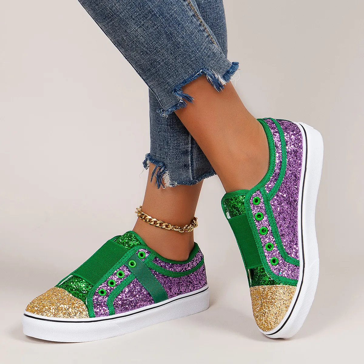 Women Sequin Canvas Shoes Casual Flat Low-top Color-blocking Sneakers Round Toe Elastic Band Slip-on Single Shoes Plus Size Fashion Loafers