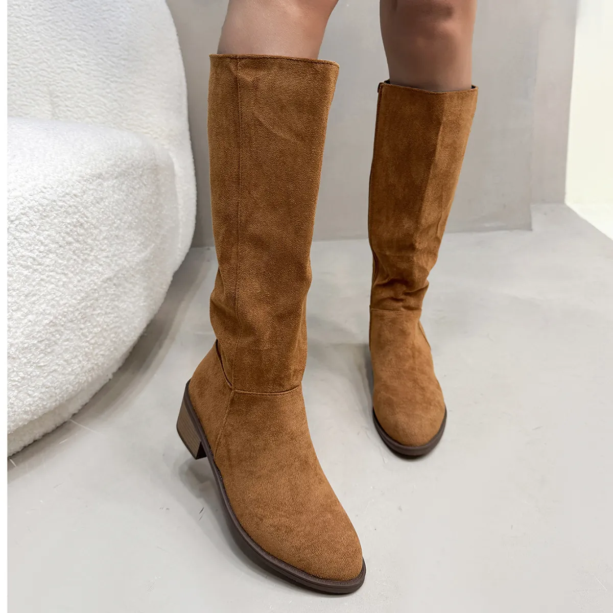 Women Over The Knee Boots Block Heel Suede Long Boots Side Zipper Pointed Toe Fashion Winter Boots Black Khaki Brown